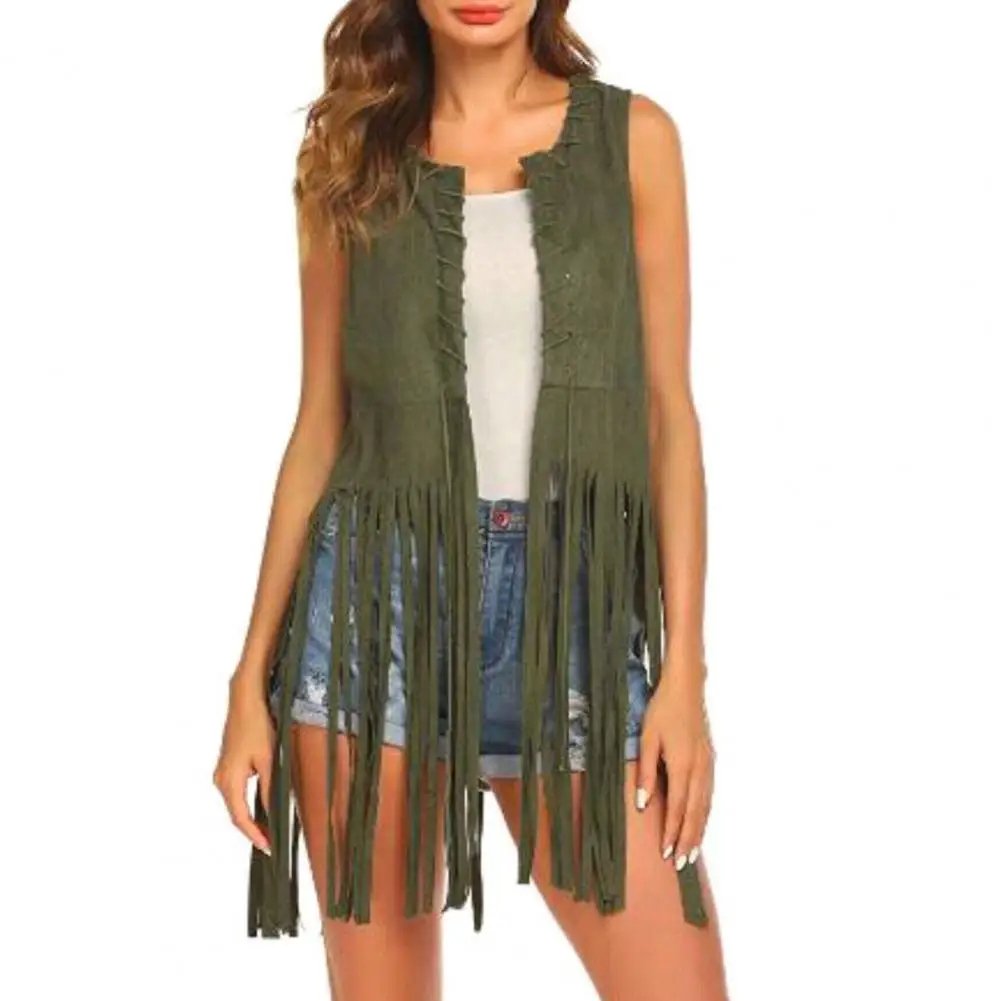 

Vintage Fringed Waistcoat Vintage Fringed Suede Vest Women's Open Front Hollow Hole Waistcoat Chic Streetwear with Long Tassels