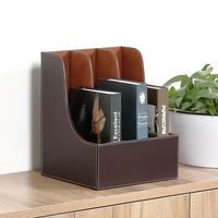 Vintage 3-slot Wooden PU Leather Desk Storage Tray A4 Office Filing Book Box Shelf Stand Document Organizer Holder Container