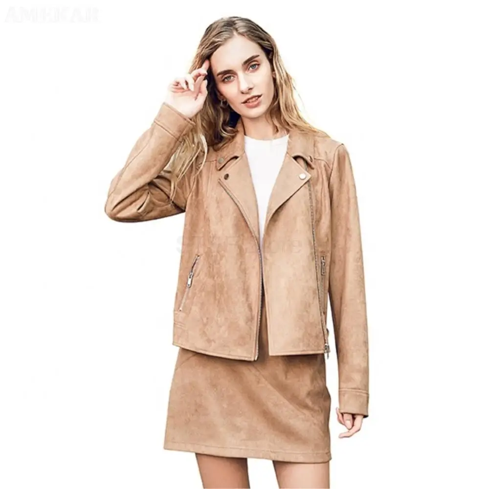 Women Real Suede Pure Color Jacket Long Sleeve Zipper Pocket Short Moto Biker Coat Ladies Lapel Genuine Leather Leisure Top