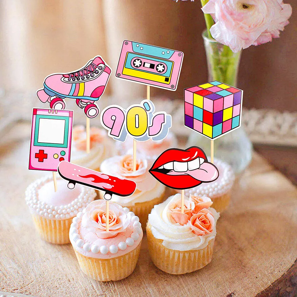 7/14pcs Cupcake Toppers 90s Theme Retro Hip Hop Birthday Party Cake Decorations BoomBox Dessert  Topper Decade Party  Favors