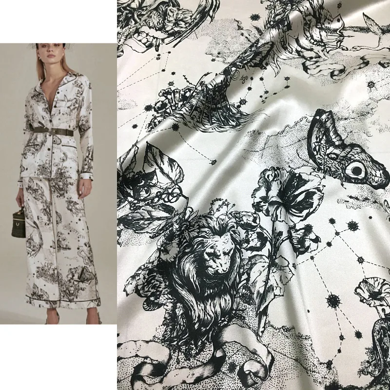 

Brand D's New Constellation Bird and Beast Sketch Print Stretch Shirt Skirt Mulberry Silk Fabric Designer Satin Character Cloth