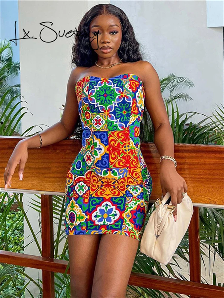 

Lx Suerxy Sexy Print Slash Neck Strapless Bodycon Women Dress Summer Fashion Elegant Party Streetwear Robe Women Mini Dresses
