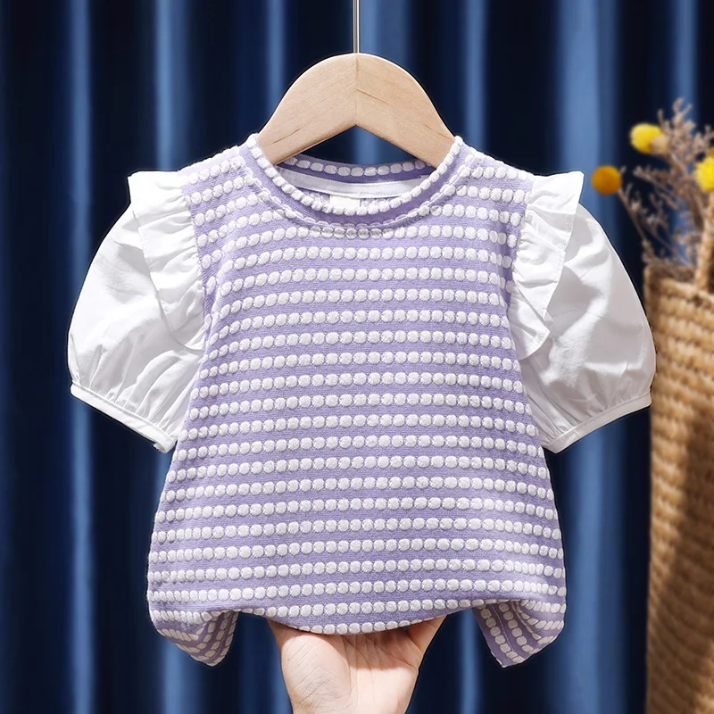 

Fashion 2-6 Years Children Girls Summer Cotton Lantern Sleeve Striped Green T-Shirt