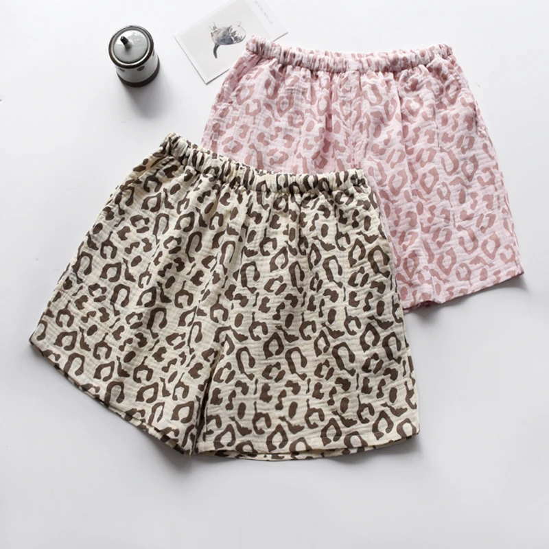 

Женские винтажные шорты из газовой ткани с леопардовым принтом и высокой талией, короткие брюки в стиле Харадзюку с завязками, 100% хлопок