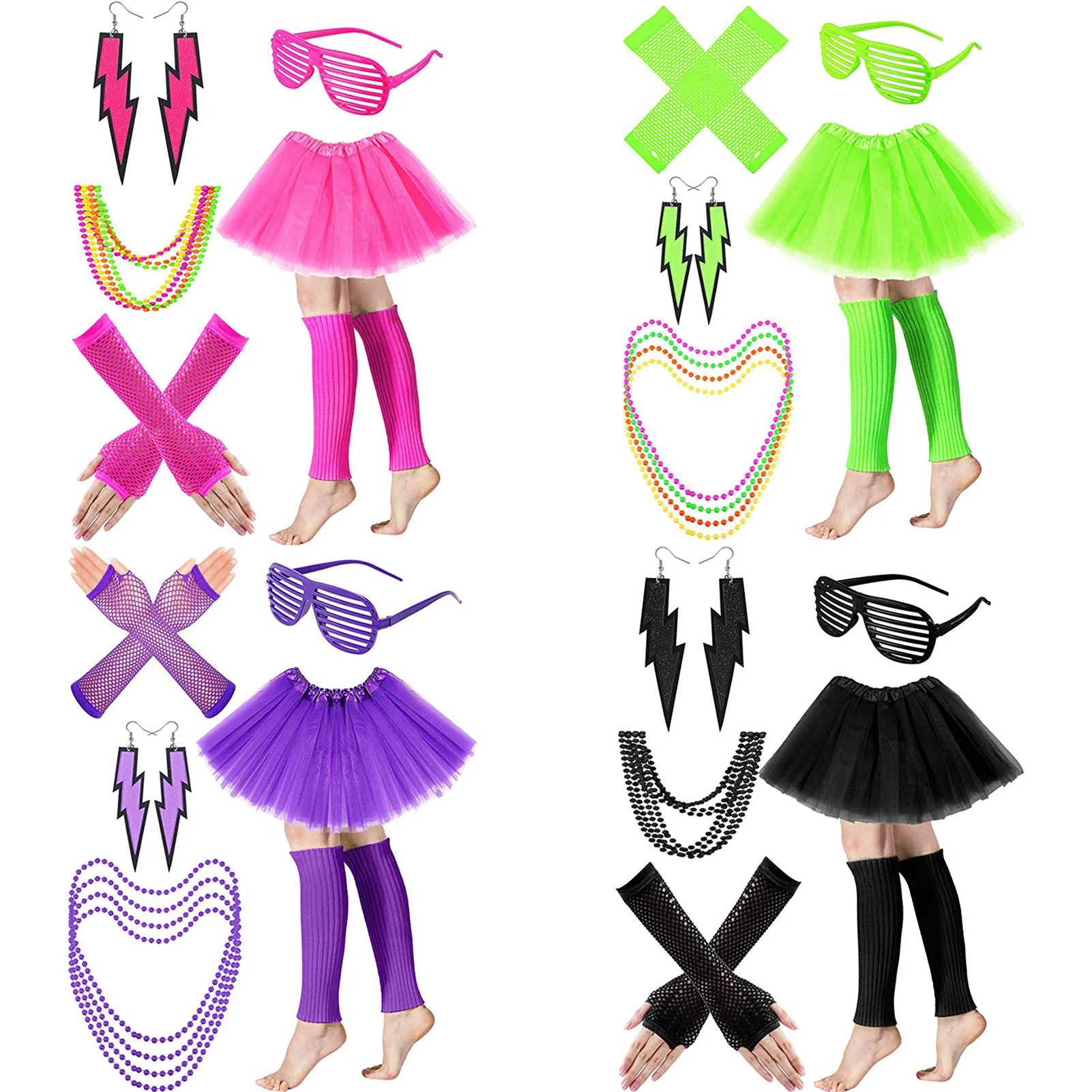 

6 Piece Set 80s Fancy Dress Neon Party Costume Neon Necklace Blinds Glasses Earrings Fishnet Gloves Leg Warmers Tutu Skirt Set