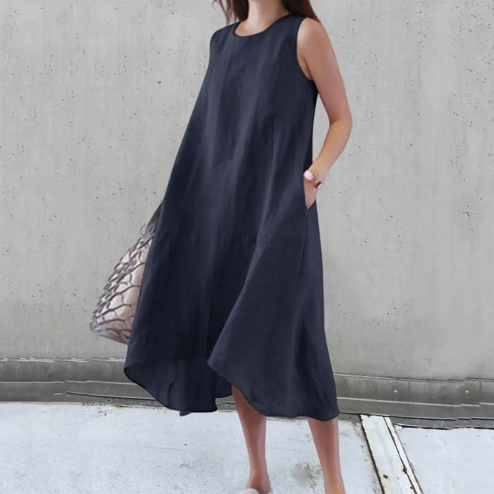 

Women Summer Dress Loose Sleeveless Solid Color Pullover Irregular Hem Daily Wear Pockets Plus Size Lady Vest Dress Women Clothe