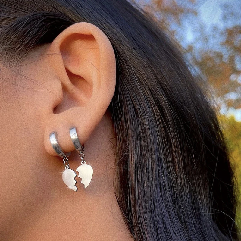 

Punk Stainless Steel Split Heart Shape Drop Earrings for Women Girls Popular Ear Buckle Earrings Party Jewelry Accessories