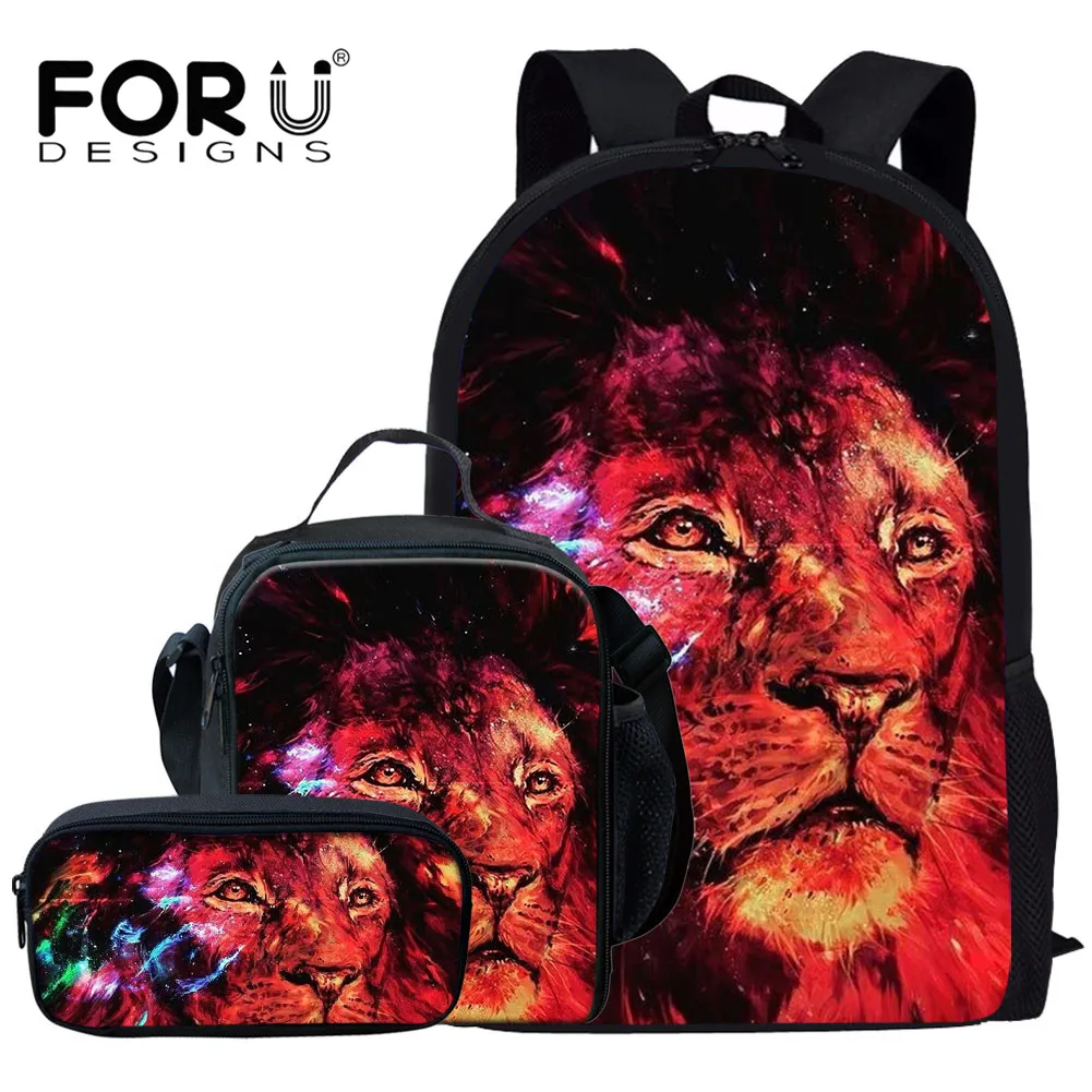 

Школьный рюкзак FORUDESIGNS для подростков, холщовые сумки на плечо, набор из 3 предметов с 3D свирепным рисунком льва, детские сумки для книг