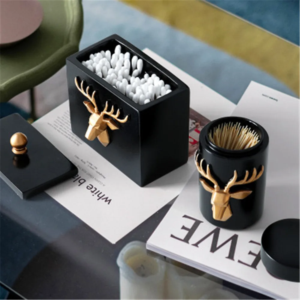 

Craft Toothpick Holder Creative Household Cotton Swab Cans Waterproof Dustproof Table Storage Box with Lid European Deer Head