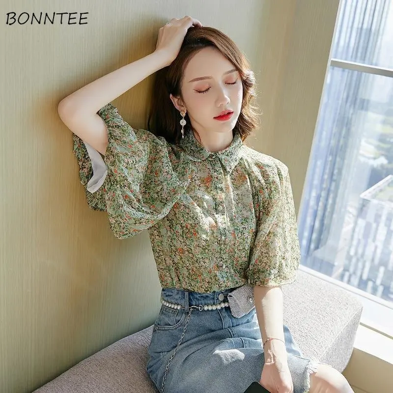 

Shirt Women Puff Sleeve Elegant Comfortable Floral All-match Minimalist Popular Female Korean Style Tender Summer Breathable New