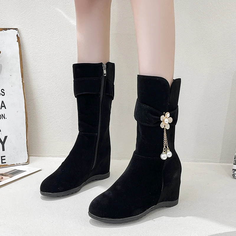 

Ankle Boots for Women 2023 Winter New Black Fashion Women's Boots Sweet Flower High Heels Women Boots Zapatos De Mujer
