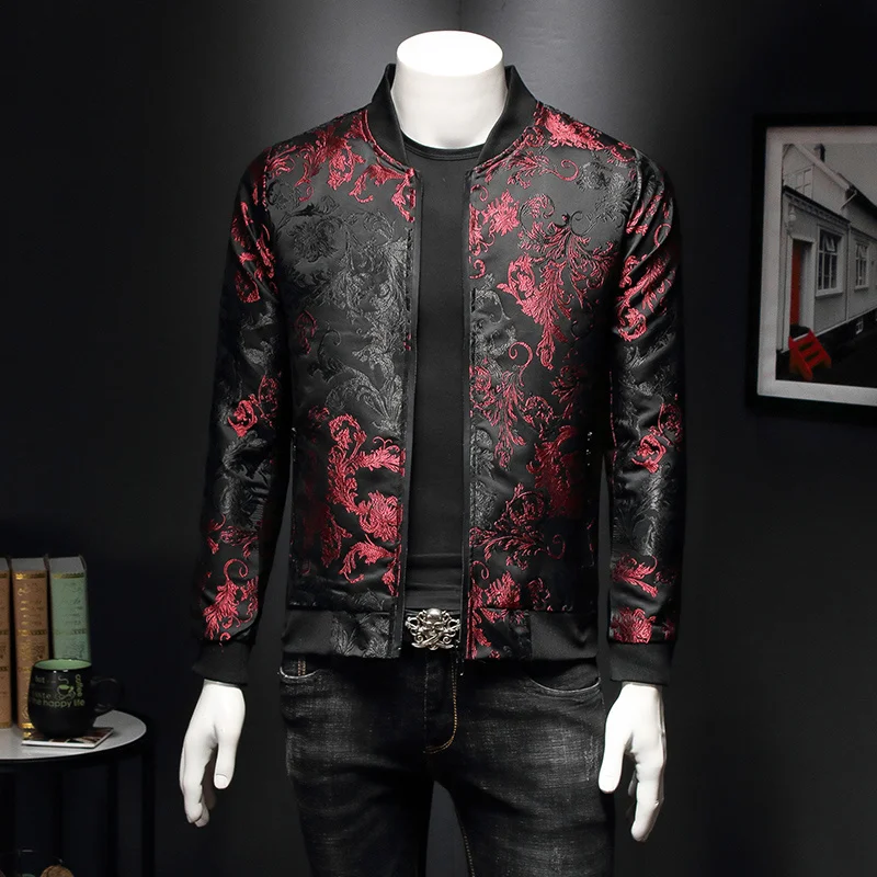 

Fashion Men's Floral Jackets Embroidery Flower Stylish Bomber Jacket Men Zipper Pocket Outerwear Coat Male Slim Fit Veste Male