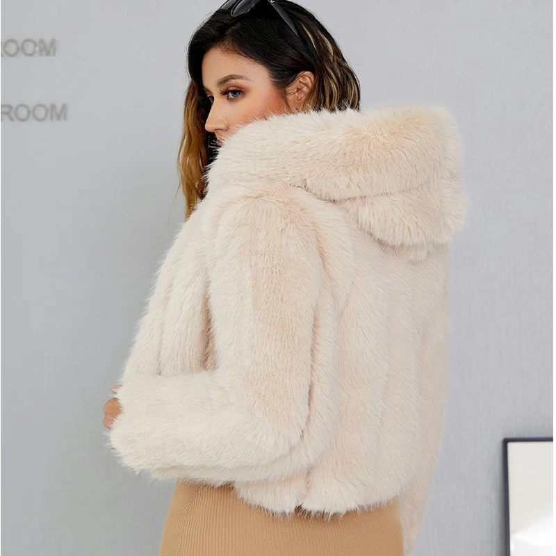 High Quality Furry Cropped Faux Fur Coats and Jakcets Women Fluffy Top Coat Hooded Winter Fur Jacket Zipper Warm Outerwear