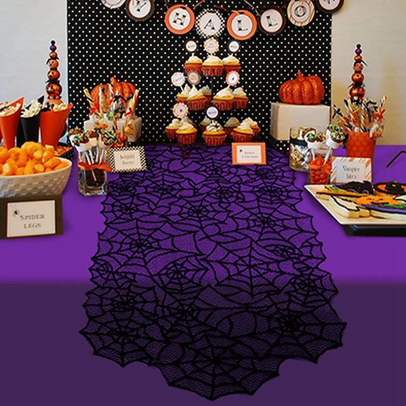

Черная кружевная скатерть в виде паутины на Хэллоуин, украшение стола, Настольная дорожка на Хэллоуин, аксессуары для настольной вечеринки, домашний текстиль