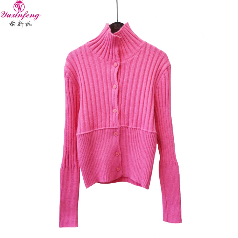 

Korean Style Sweaters for Women 2023 Autumn New Long Sleeve Top Single Breasted Stand Collar Slim Fashion Cardigan Woman