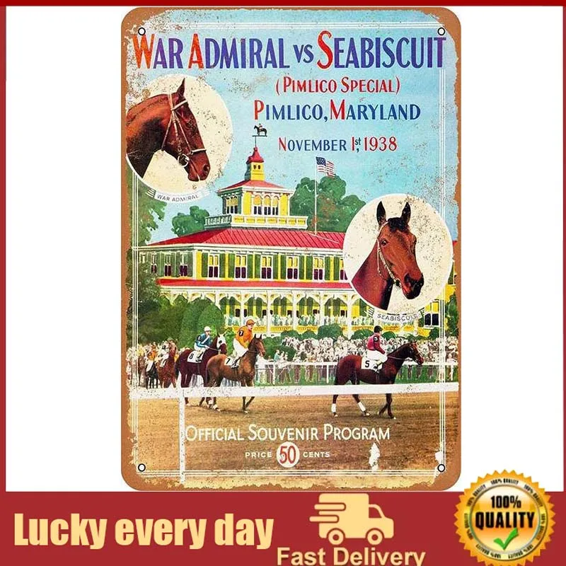 Danny Penaw War Admiral Vs Seabiscuit Horse Race Metal Plaque Tin Wall Sign Retro Iron Painting Warning Wall Poster for Cafe Pub