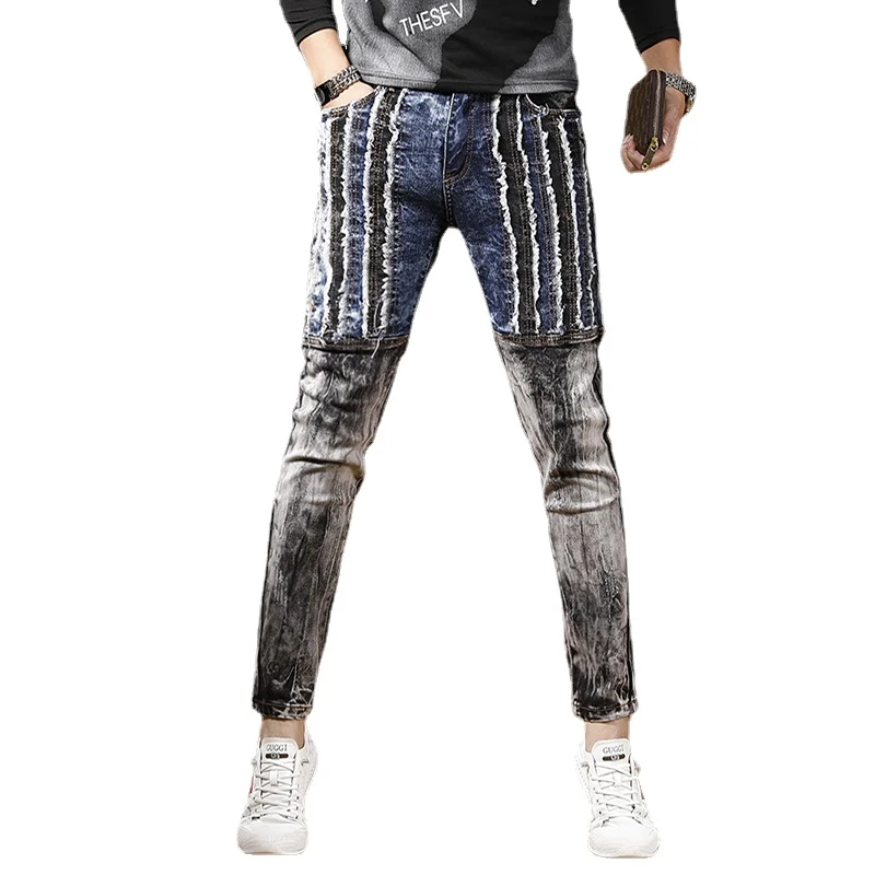 Black Blue Patchwork Jeans Men Autumn Casual Slim Fit Pencil Pants Streetwear Fashion Cotton Stretch Denim Trousers CP2018
