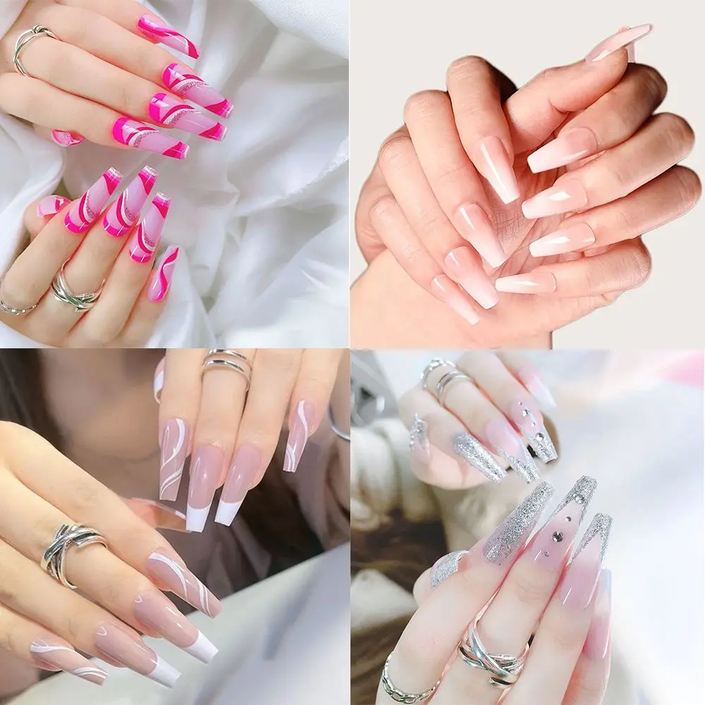 

24Pcs/Box Finished Fingernails Square Head Press on Wearable Charming Abstract French Fake Nails