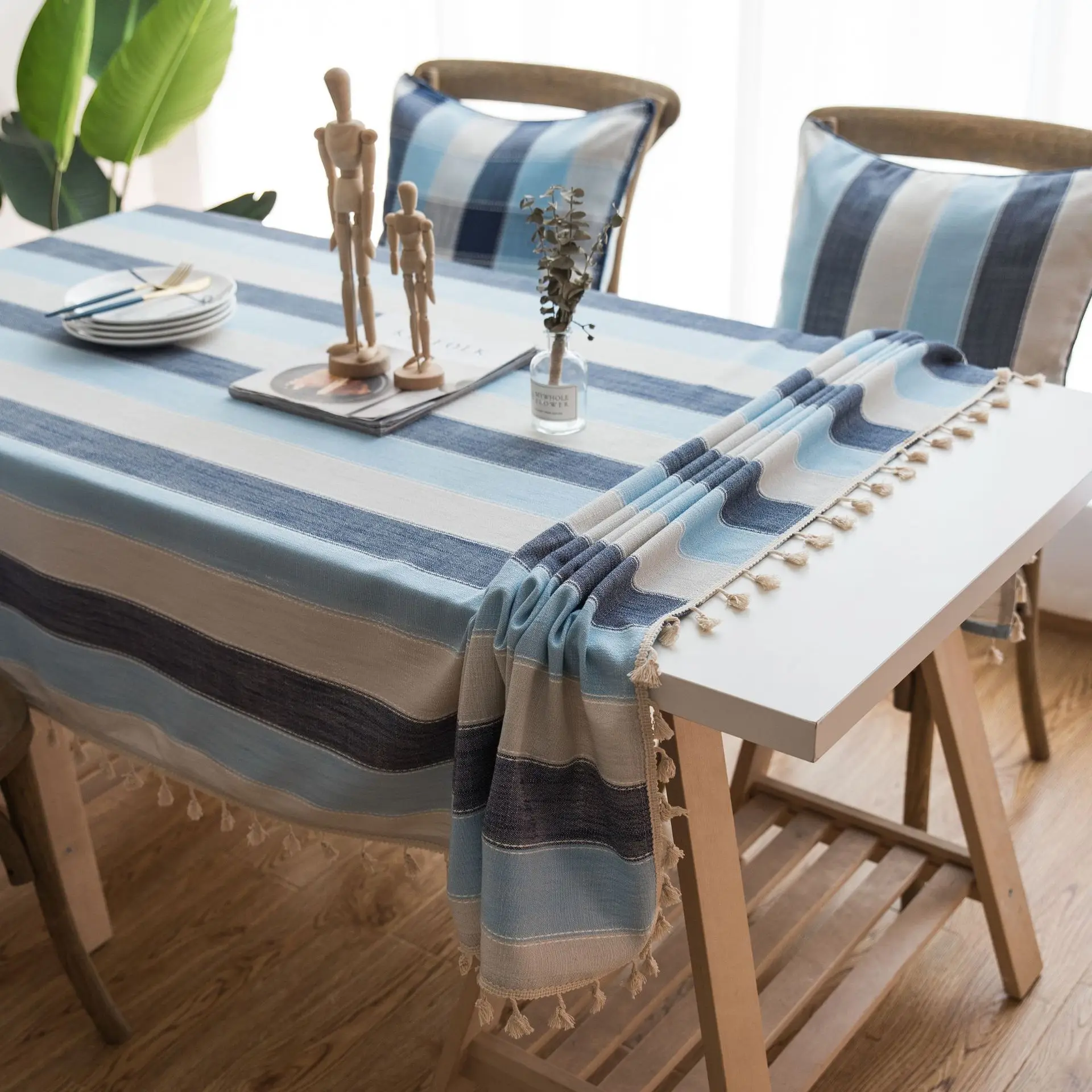 

Stripe Tassel Tablecloth Cotton Linen Stain Resistant Dust Proof Waterproof Table Flag Cover Kitchen Tabletop Mats Rectangle Mat