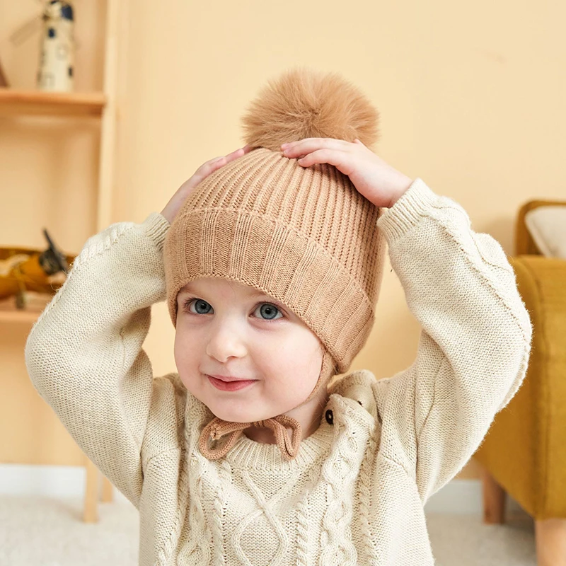 

Cute Pompom Baby Hat Winter Warm Knitted Lacing Ear Protection Beanie Cap Soft Thicken Toddler Boy Girl Solid Color Bonnet Cap