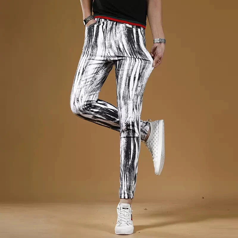 Summer Men Striped Printed White Jeans Streetwear Casual Slim Fit Straight Pants Korean Style Digital Printing Denim Trousers