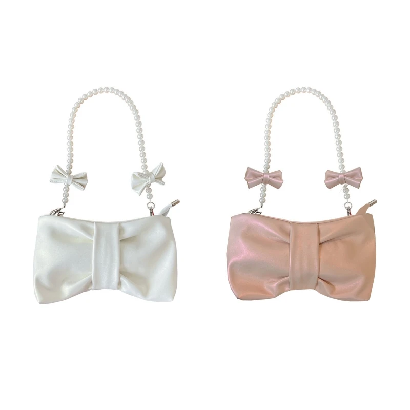 

Girly Pearl Bow Underarm Bag Pearlescent Shoulder Bag Cute Leather Messenger Bag