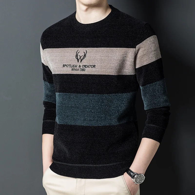 Plush Chenille Men's Sweater for Autumn and Winter New Korean Version Thick Warm Bottom Shirt Trendy Fleece Round Neck Pullovers