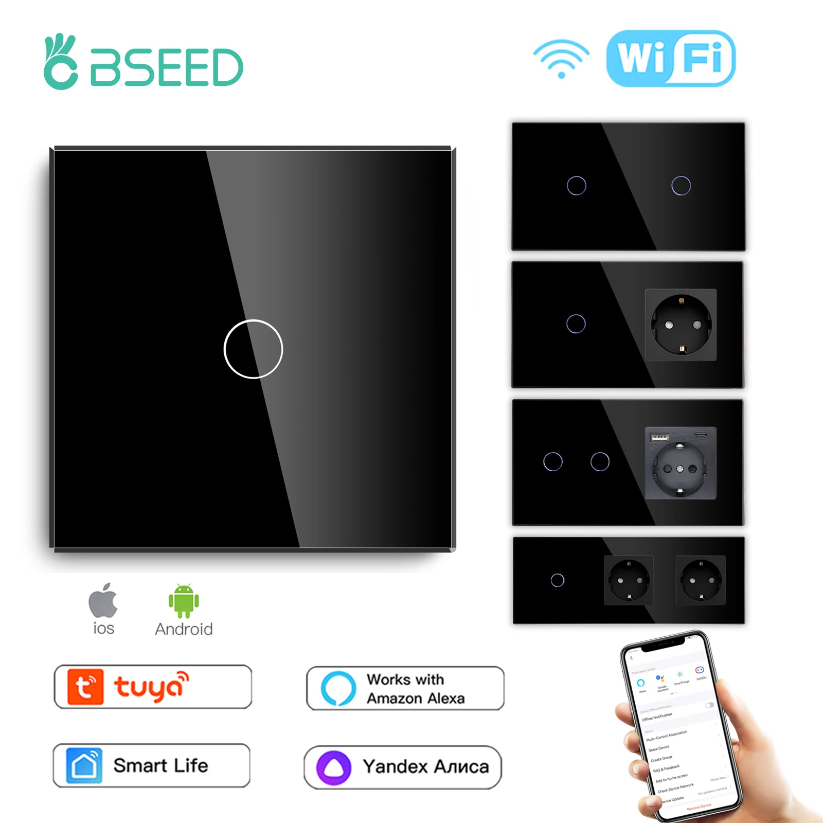 Смарт-выключатель сенсорный BSEED, 1/2/3 клавиши, с поддержкой Wi-Fi