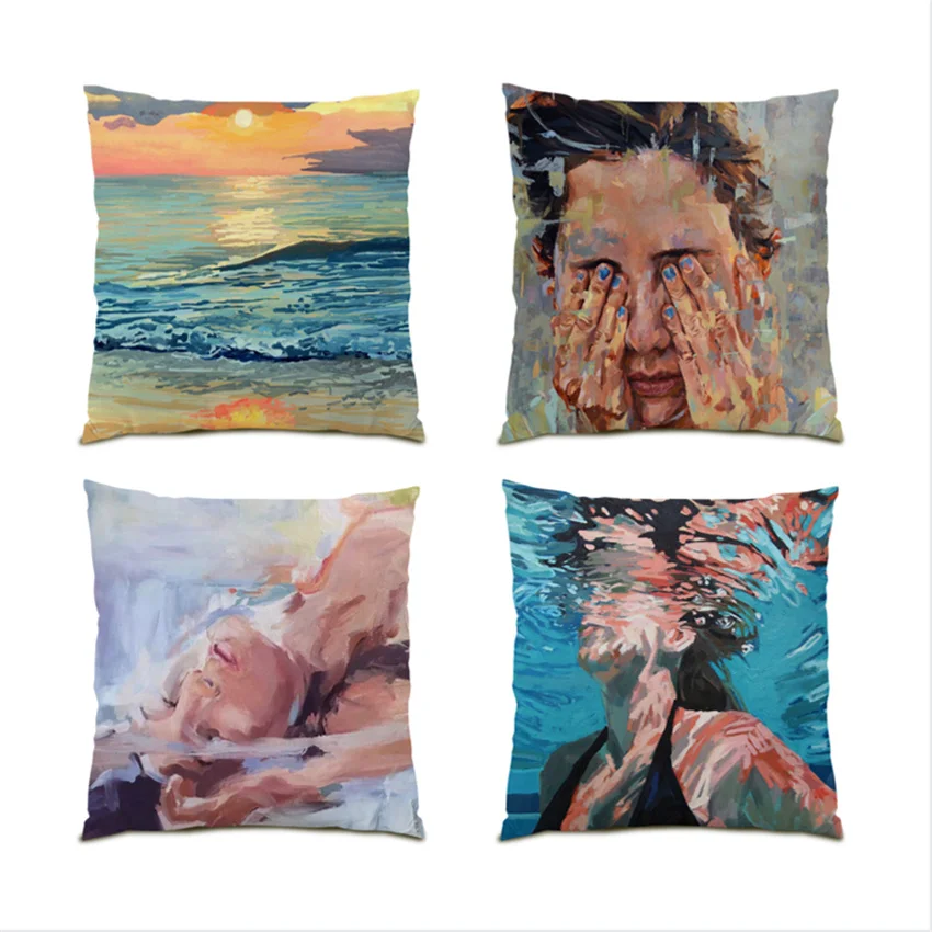 

Sitting Cushion Oil Painting Flax Pillow Case Sofa Cushions Modern 45x45CM Abstraction Couch Pillows Velvet Decor Home E0074