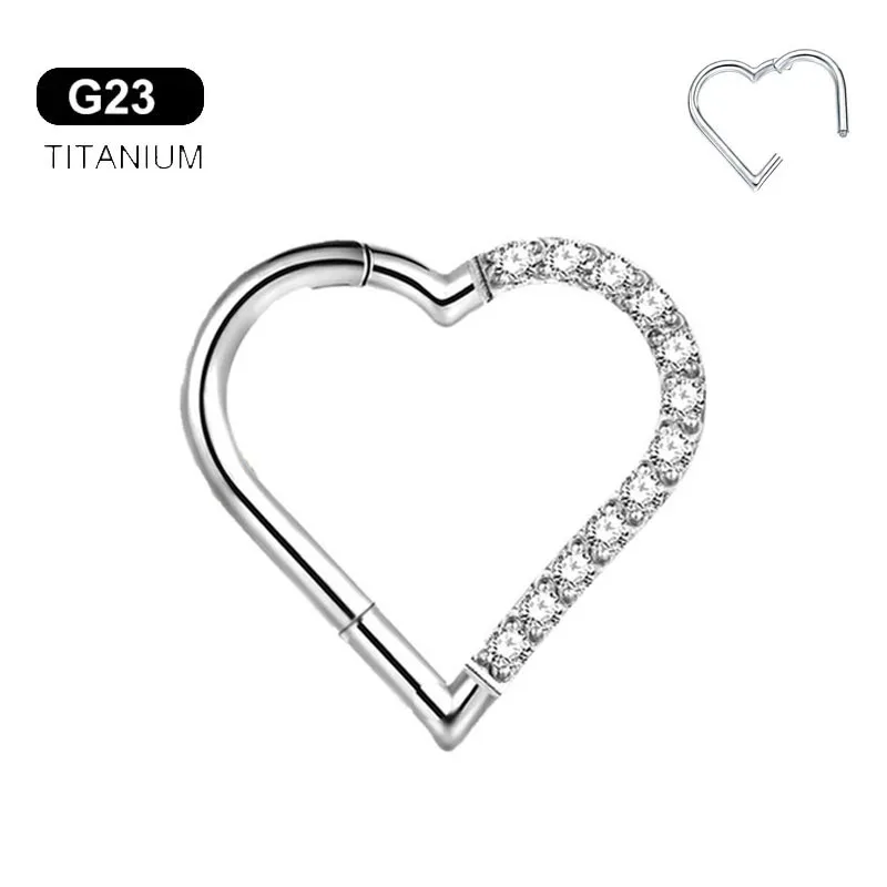

ASTM F136 G23 Titanium Heart Nose Rings CZ Zircon Septum Jewelry Daith Helix Piercing Hoop Studs 16G