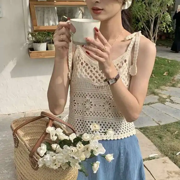 Летний трикотажный SleeveleSS EmbroidErEd крюк корейская мода жилет с короткими рукавами |