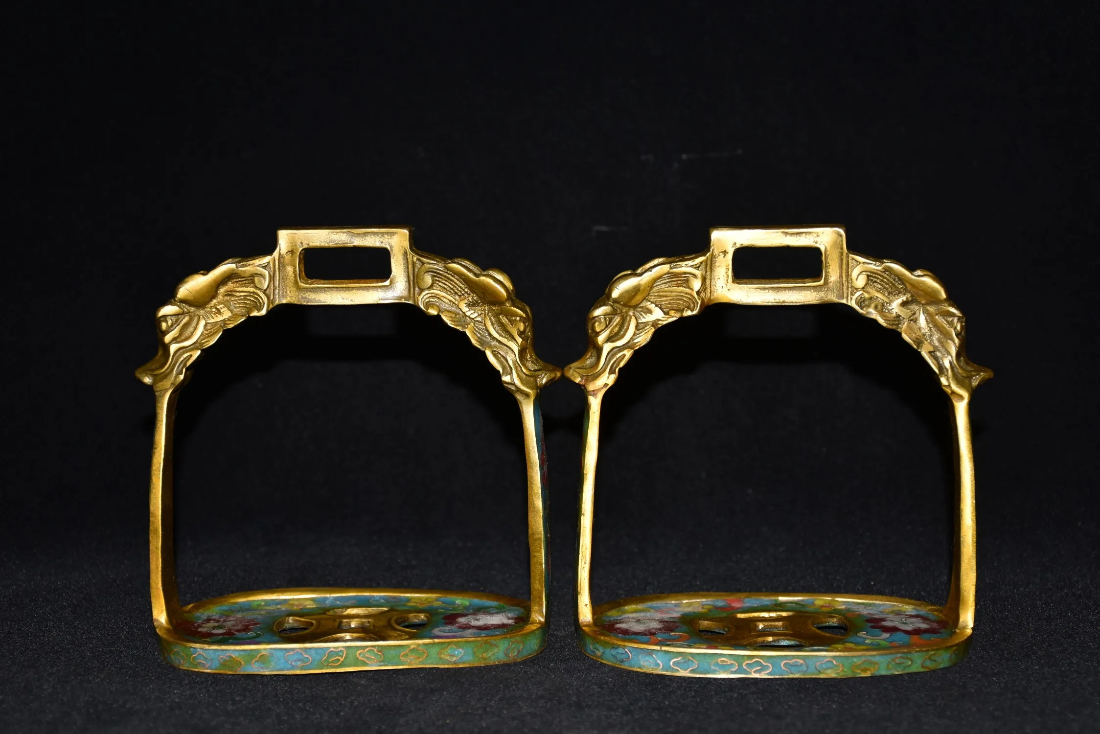 

6" Tibetan Temple Collection Old Bronze Cloisonne Gilt dragon head Stirrup a pair office ornament Town House Exorcism