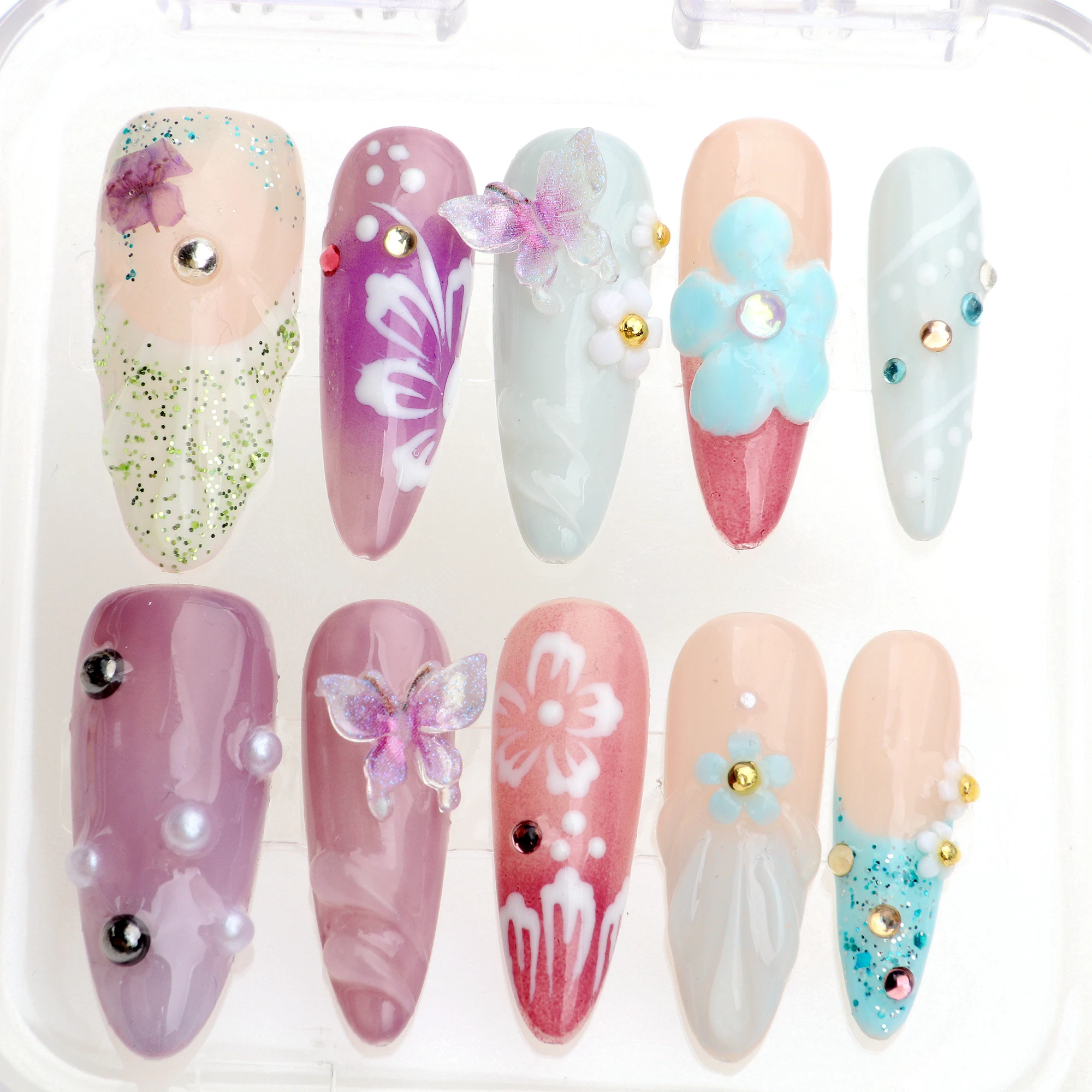 10 шт. 3D пресс-бабочка на ногтях Fairy Tale Flower Long Almond Press On Nails Dreamy Y2K с набором клейких