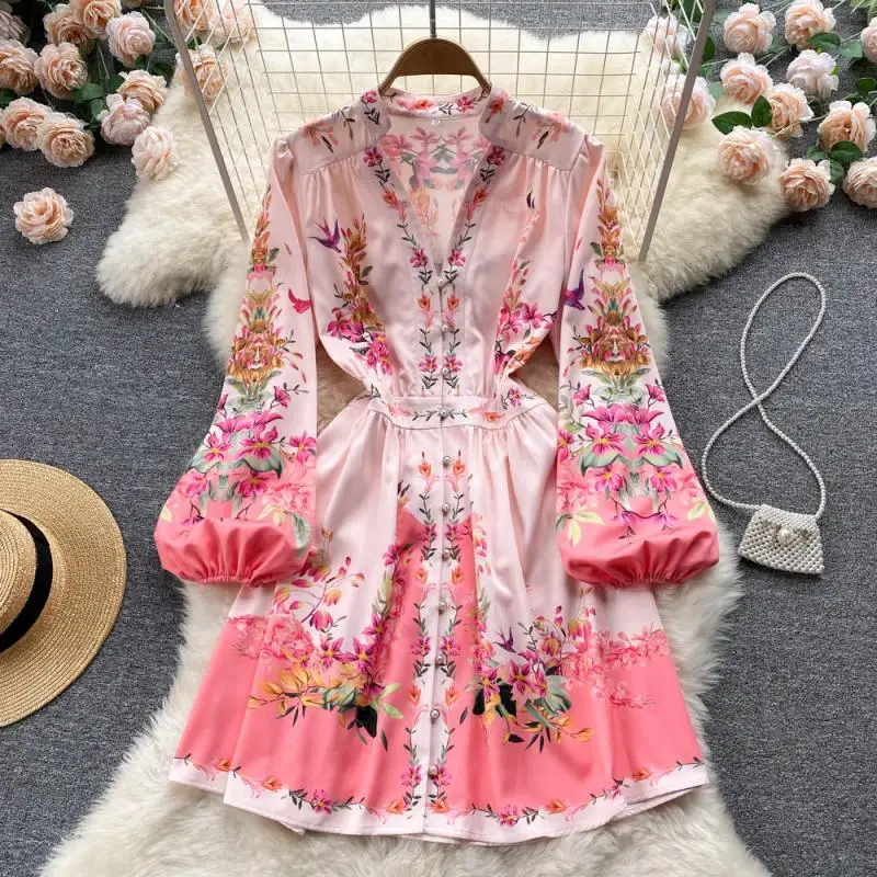 

Spring women's clothing 2022 new pink waist V-neck fashion print dress with a small sense of design