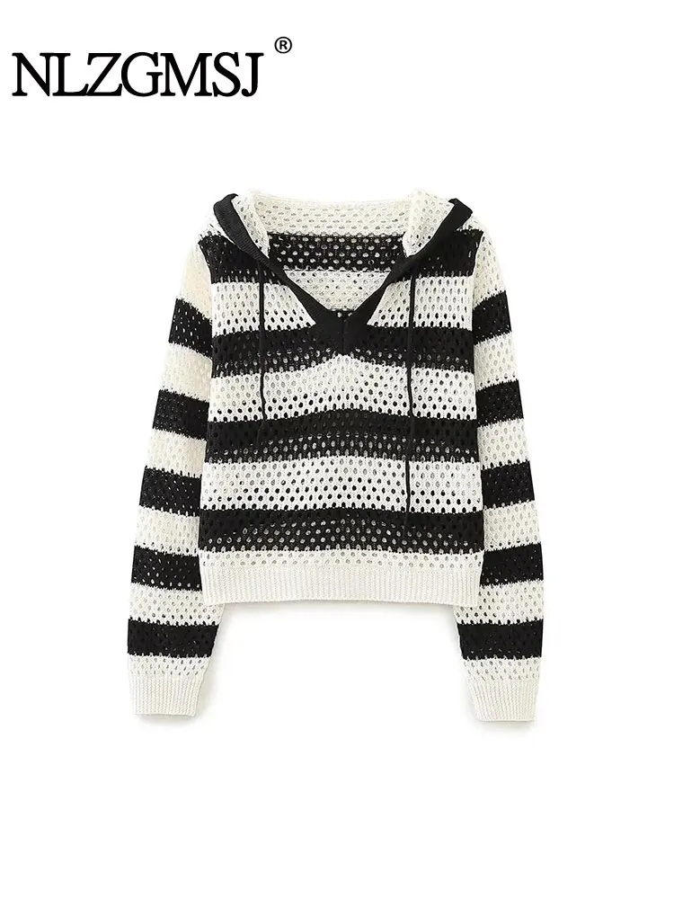 

Nlzgmsj TRAF Women Spring Autumn V-neck Long Sleeves Hollow Loose Pullover Striped Jacquard Mesh Knitted Hooded Drawstring Top