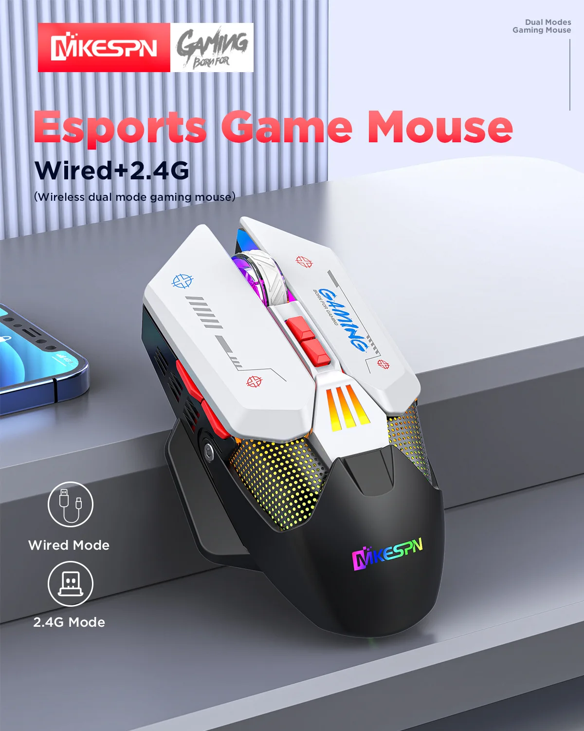 Беспроводная игровая мышь 2,4 ГГц с двумя режимами, 10000DPI, макро RGB, 450 мАч, программируемые клавиши, перезаряжаемая игровая мышь с зарядкой, RGB