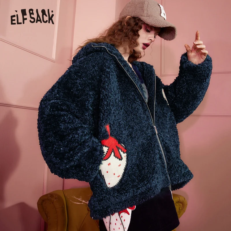 ELFSACK Strawberry Plush Cotton Jackets Women 2022 Winter Thick Casual Coats