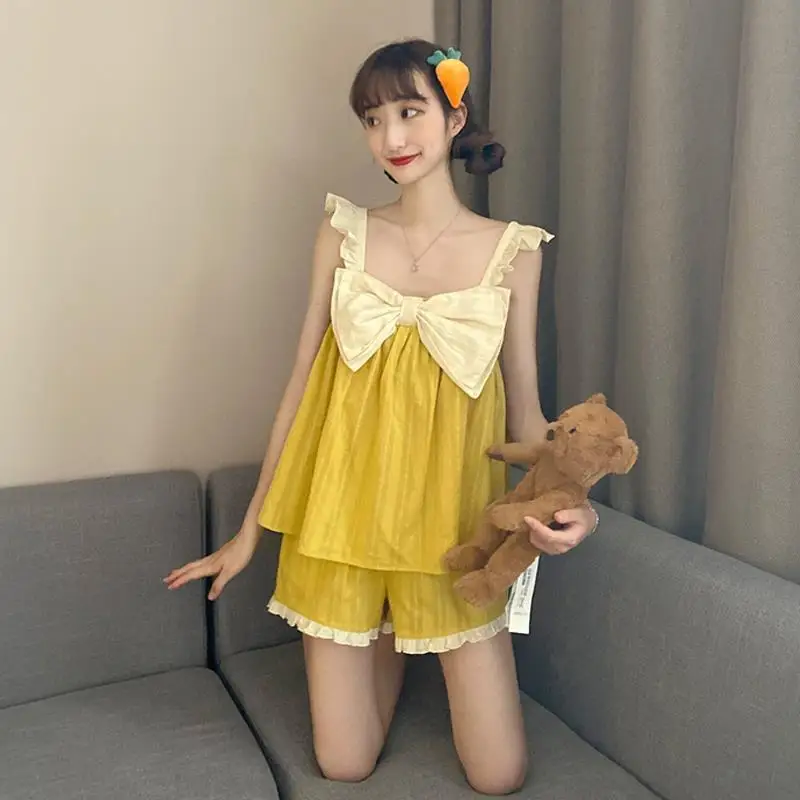 

New Women Pajamas Cotton Sleepwear for Summer Sleeveless M-2XL Nightwear Shorts Pajamas Bow Fashion Home Clothing Pijamas C228