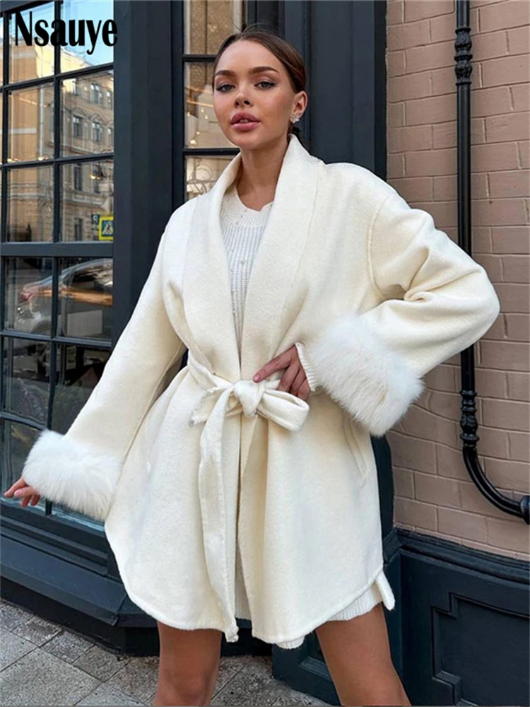 

Nsauye 2023 осень-зима искусственный мех с длинным рукавом теплые шерстяные пальто с поясом Женская винтажная элегантная женская куртка женская верхняя одежда
