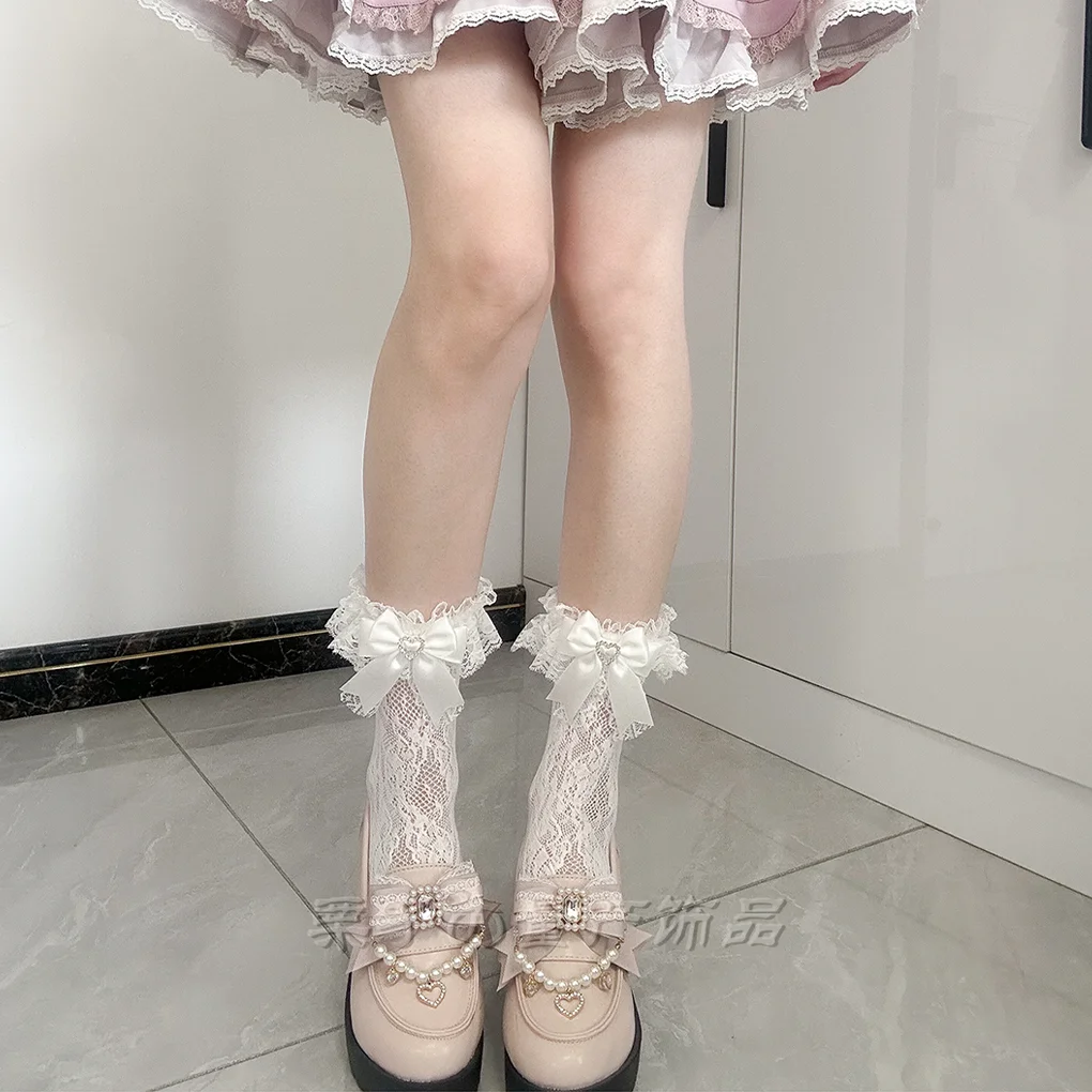 Японская серия Mine черно-белые кружевные носки среднего размера с милым бантом