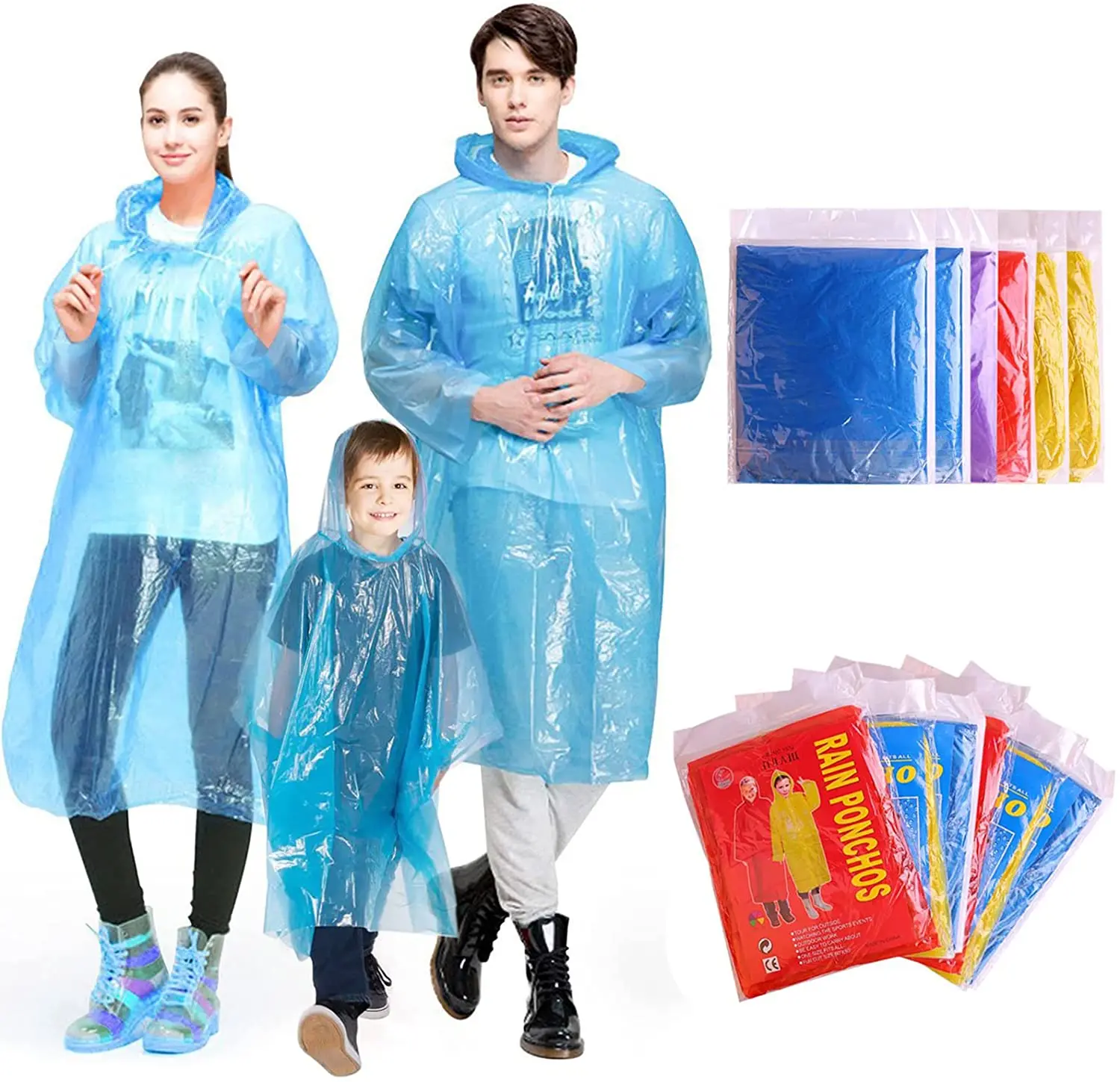 

Rain Ponchos Family Pack of 12 Disposable Poncho for Kids and Adults