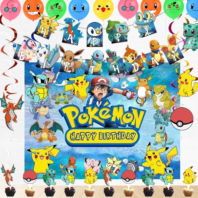

Pokemon Pikachu Anime Theme Child Birthday Party Event Decoration Balloon Cake Card Cartoon Happy Birthday Pull Flag Kids Gift