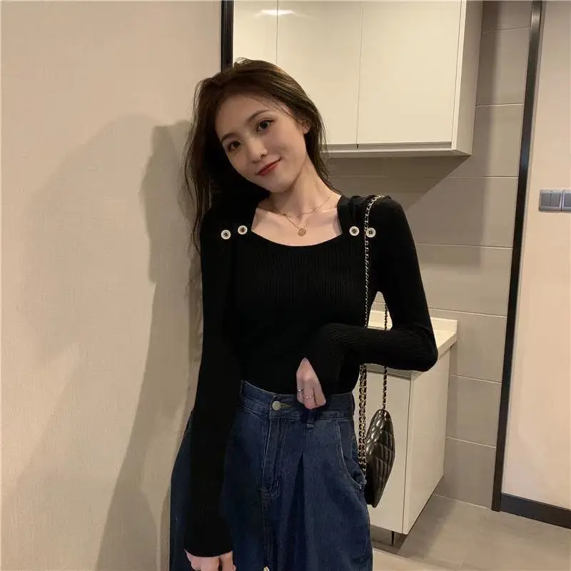 

Square Neck Ladies Sweaters Knitted Kawaii Cute Off White Winter Top for Women Thermal Blouse Aesthetic 90s Vintage Autumn 2023