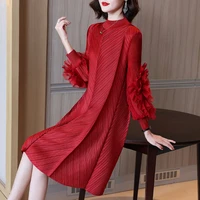 miyake pleated dress 2022 spring new high end fashion mother dress large size wedding red banquet dress bottoming womens dress