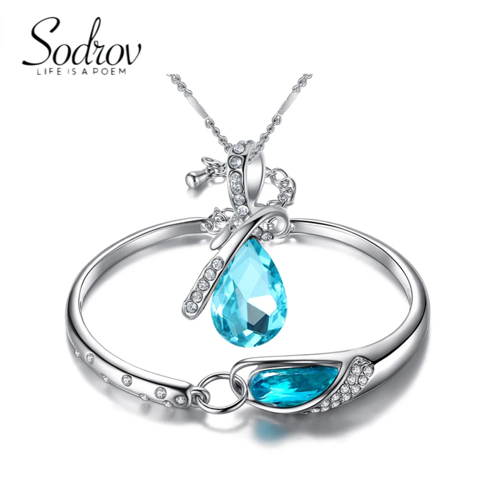 

Blue Crystal Bracelets and Pendant Necklace Jewelry Sets for Women Jewellery Set