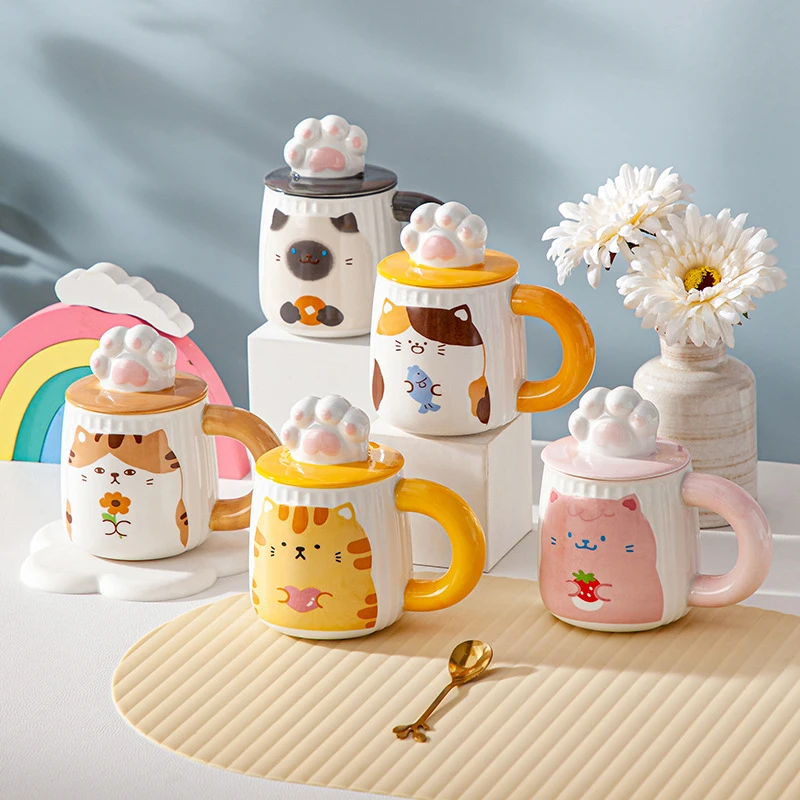 

Cartoon Cat Cute Ceramic Cup Couple Water Cup with Lid Household Mug Cat Paw Breakfast Milk Afternoon Tea Coffee Cup