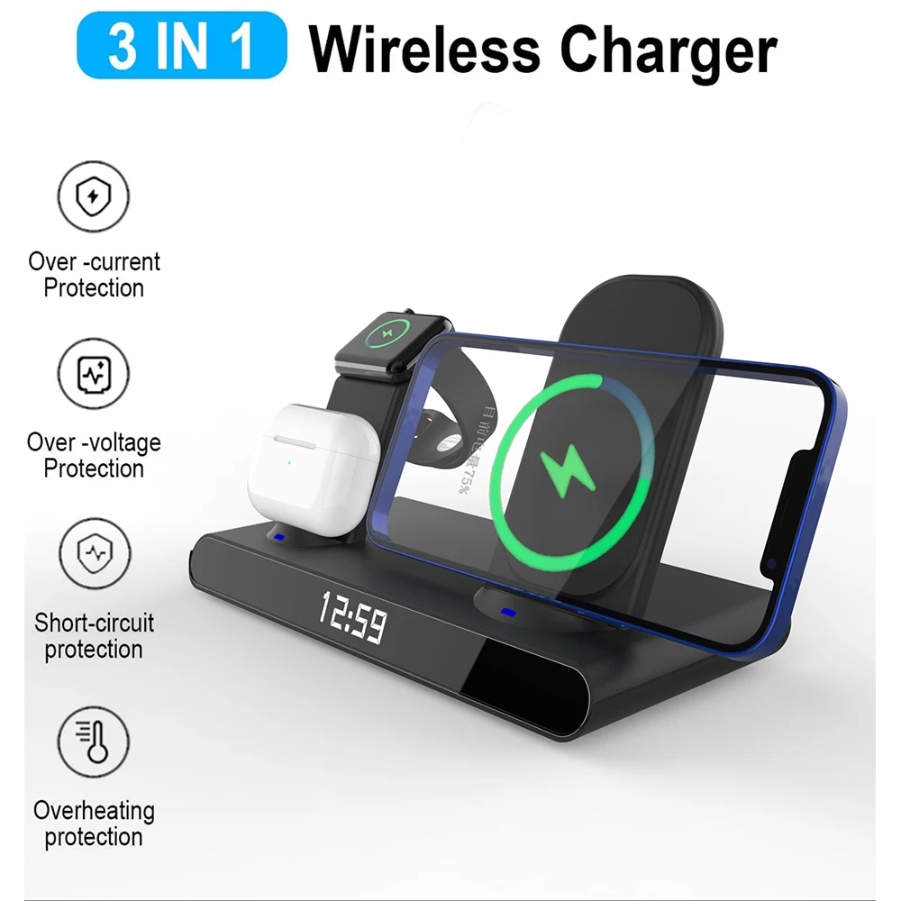 

Беспроводное зарядное устройство Clarm 3 в 1, 15 Вт, часы для iPhone 14 13 Pro Max Mini Xiaomi Samsung Apple Watch/AirPods 2, зарядная док-станция