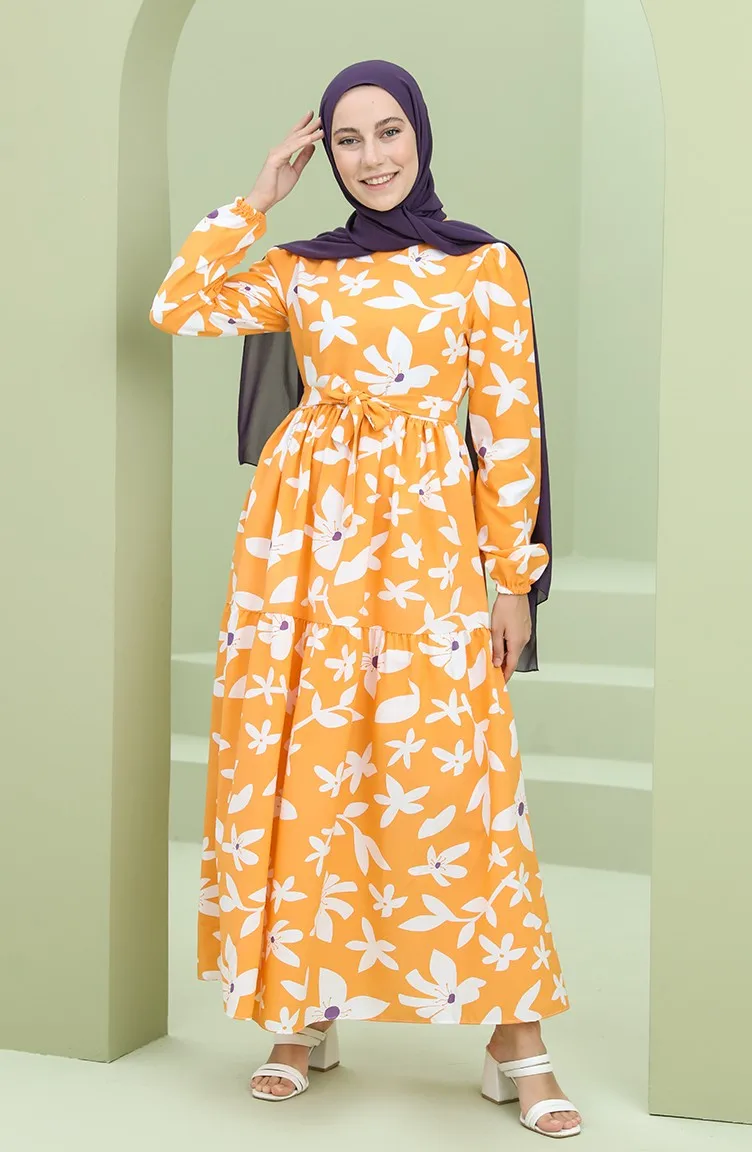 

New Fashion Muslim Belted Pattern Dress Women Ramadan Evening Dress Hijab Islamic Clothing Made in Africa Dubai Turkey Turkish