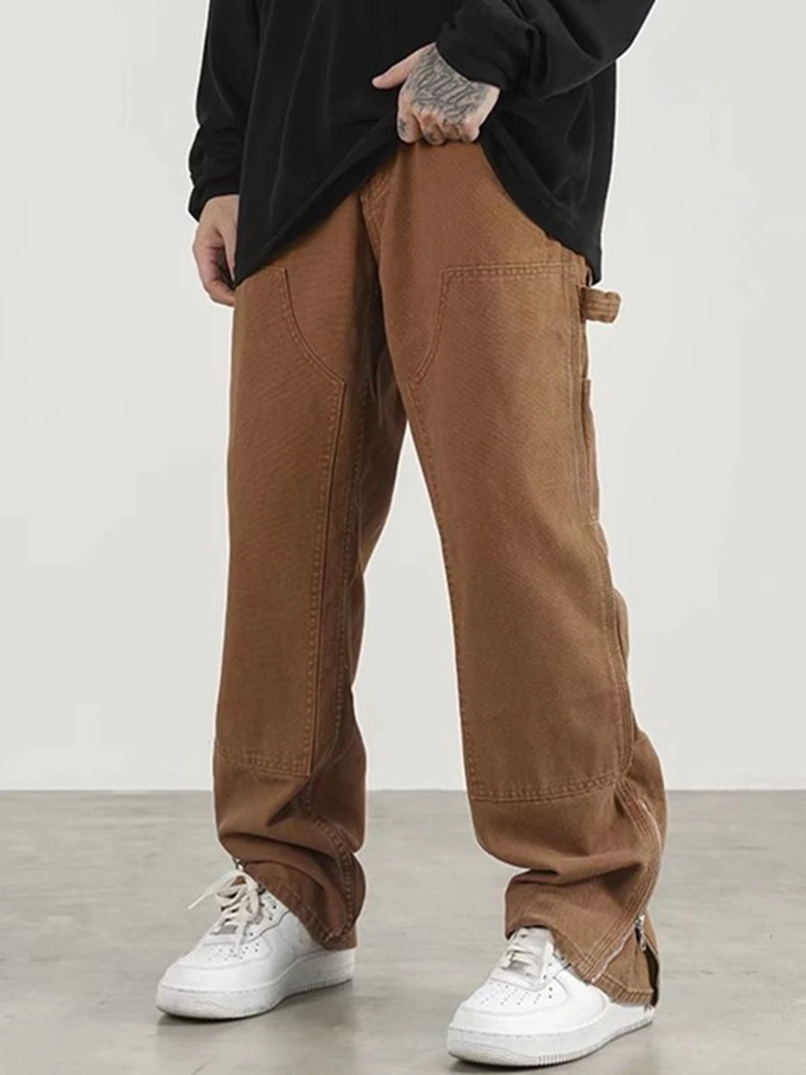 Four Seasons Ankle Zipper Brown Loose Men's Workwear Wide Leg Pants Hip Hop Straight Loose Ladies Casual Pants Pantalon Homme
