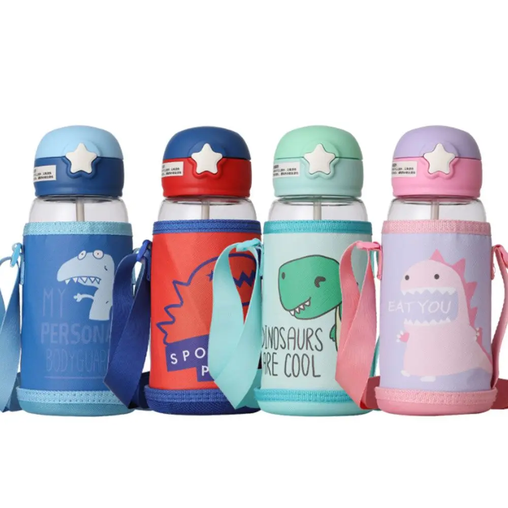 

700ML Cartoon With Lid Straws with Bag Portable Straw Cups Shoulder Strap Baby Feeding Cups Water Bottles